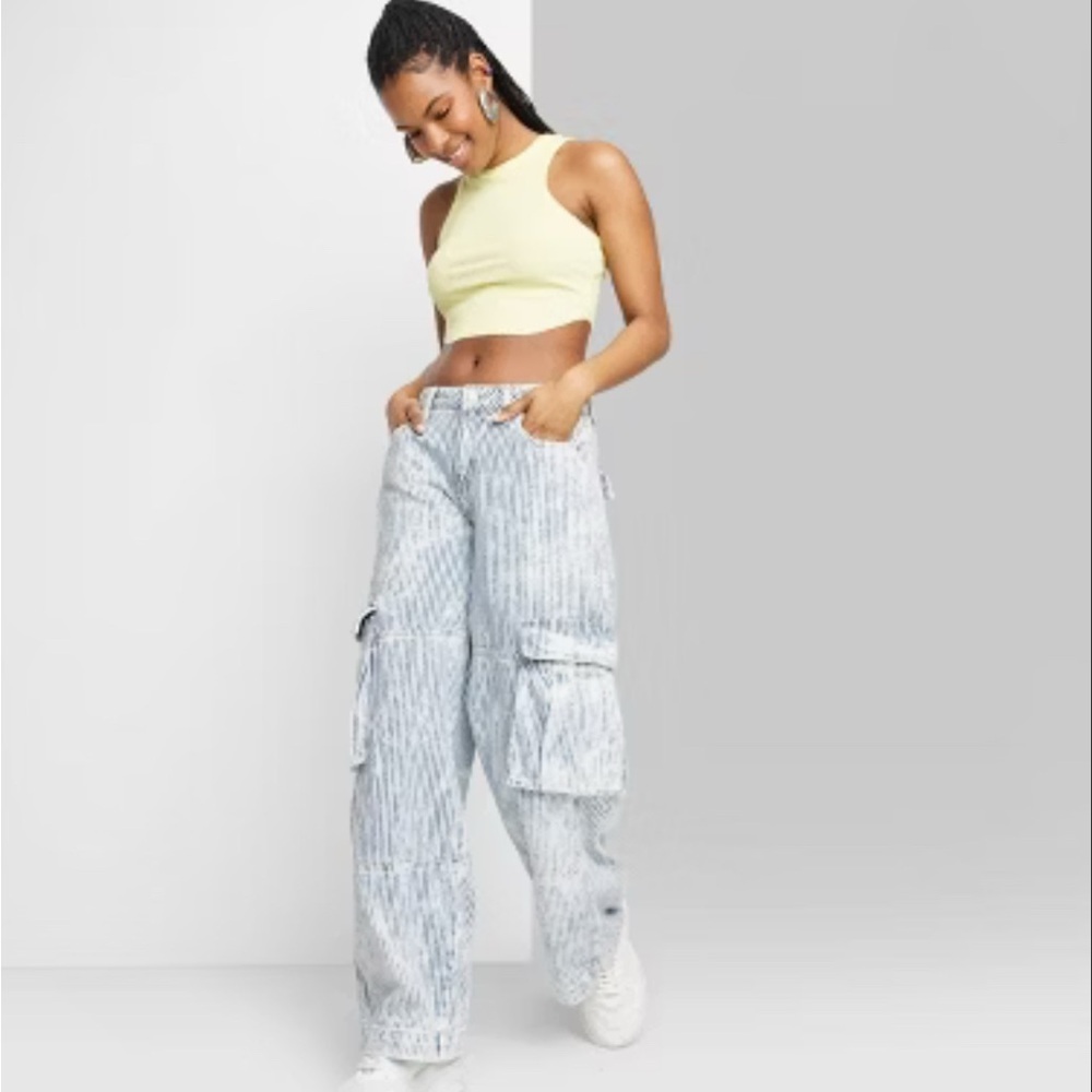 Wild Fable Railroad Striped Women’s Mid-Rise Cargo Baggy Wide-Leg Utility Jeans